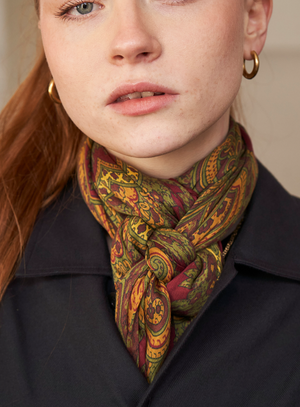 Biodegradable Italian Tencel Burgundy and Gold Paisley Flamboyant Scarf from Neem London
