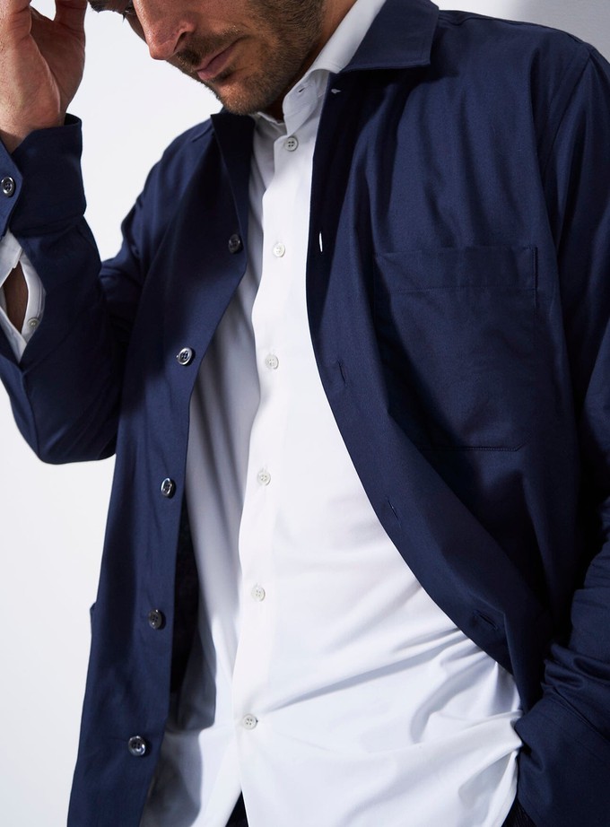 Regenerative Cotton Navy Shirt Jacket from Neem London