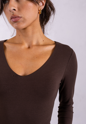 Organic Cotton V-Neck Long Sleeve T-Shirt, Hot Fudge from Not Basics