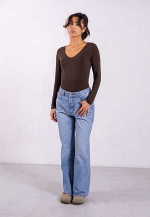 Organic Cotton V-Neck Long Sleeve T-Shirt, Hot Fudge from Not Basics
