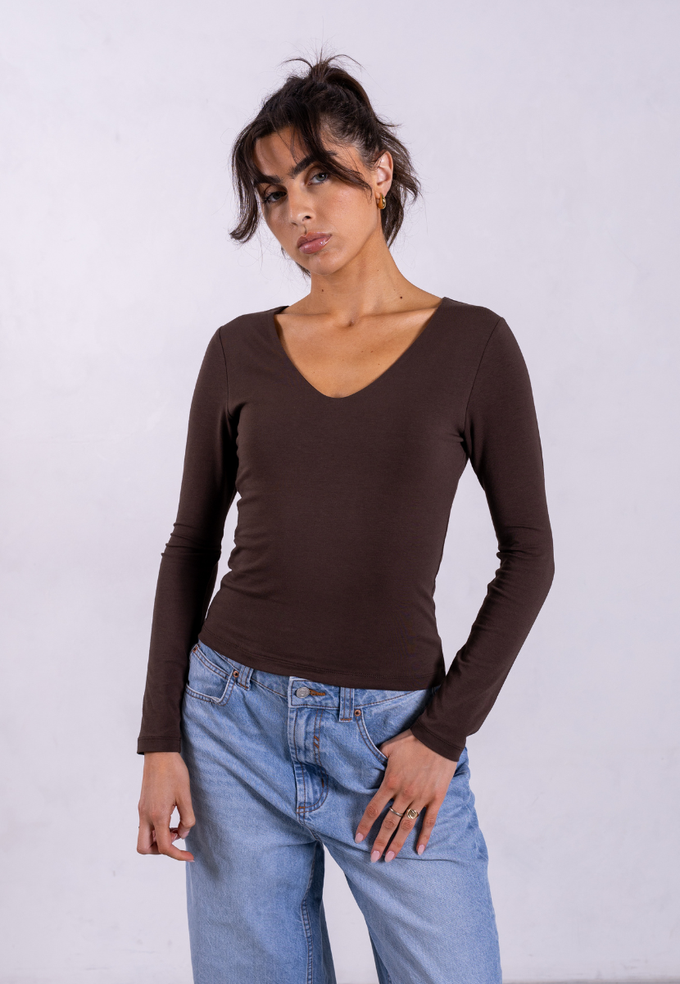 Organic Cotton V-Neck Long Sleeve T-Shirt, Hot Fudge from Not Basics