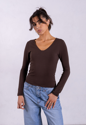 Organic Cotton V-Neck Long Sleeve T-Shirt, Hot Fudge from Not Basics