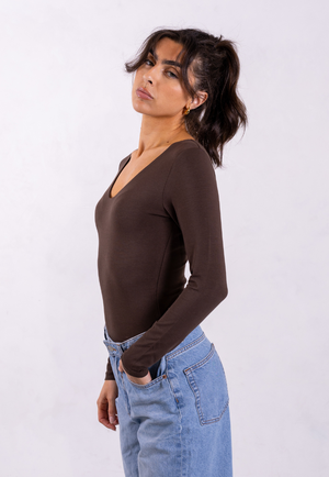 Organic Cotton V-Neck Long Sleeve T-Shirt, Hot Fudge from Not Basics