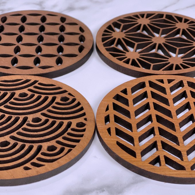 Japanese Patterns Upcycled Teak Wood Coasters - Individual / Set of 4 from Paguro Upcycle