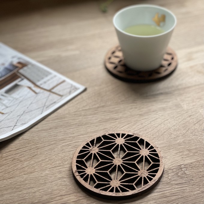 Japanese Patterns Upcycled Teak Wood Coasters - Individual / Set of 4 from Paguro Upcycle