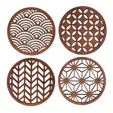 Japanese Patterns Upcycled Teak Wood Coasters - Individual / Set of 4 from Paguro Upcycle