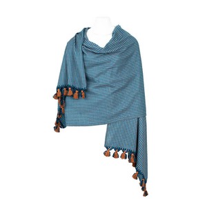 Shawl Blue with Pom poms - Oversized - Stylish and Fairtrade from Quetzal Artisan