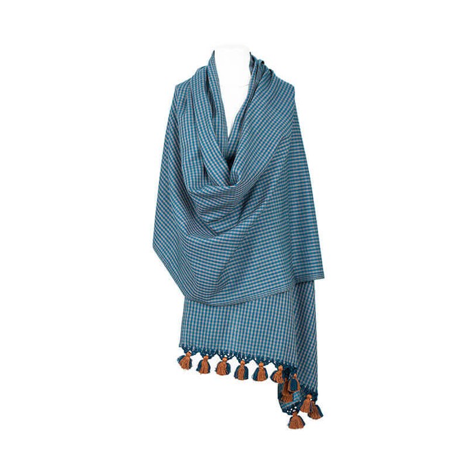 Shawl Blue with Pom poms - Oversized - Stylish and Fairtrade from Quetzal Artisan