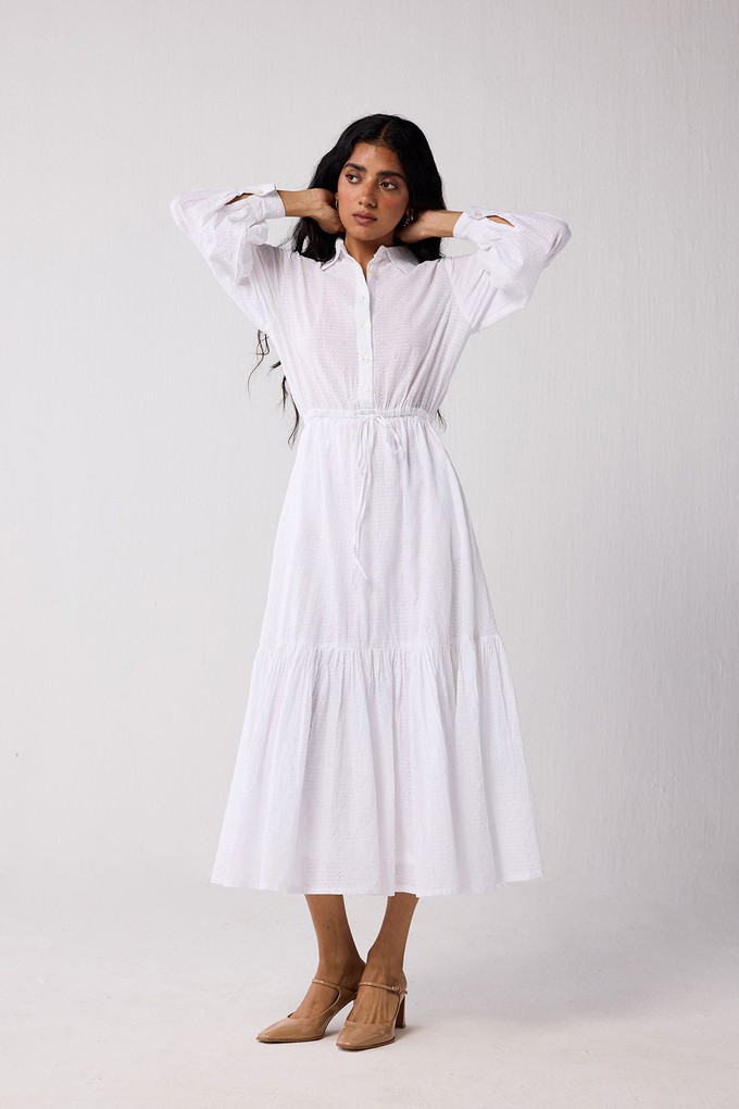 Embroidered Flowy Maxi Tiered Dress in White from Reistor