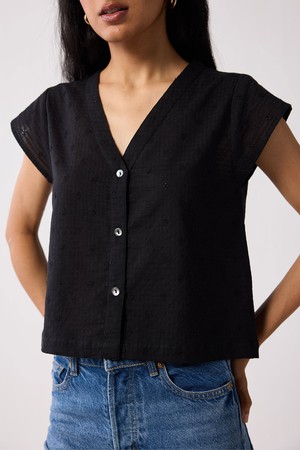 V-Neck Embroidered Top with Front Buttons in Black from Reistor