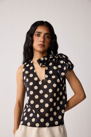 Regular V-Neck Polka Dot Top with Bow Detail from Reistor
