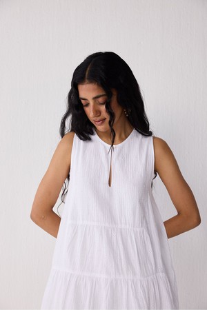 Embroidered Everyday Sleeveless Short Tiered Dress in White from Reistor