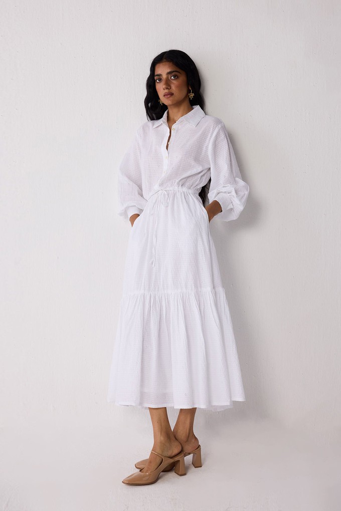 Embroidered Flowy Maxi Tiered Dress in White from Reistor