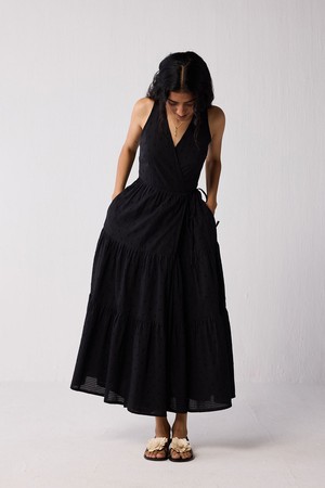 Sleeveless Embroidered Wrap Dress with Tiers in Black from Reistor