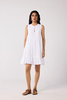 Embroidered Everyday Sleeveless Short Tiered Dress in White via Reistor