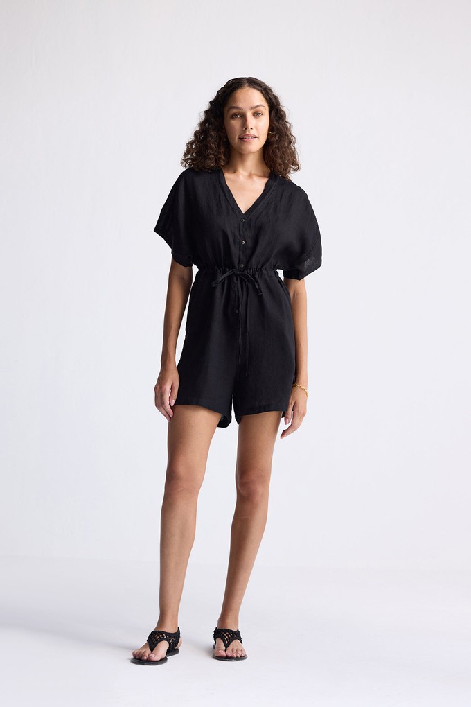 V neck Drawstring Romper in Black from Reistor