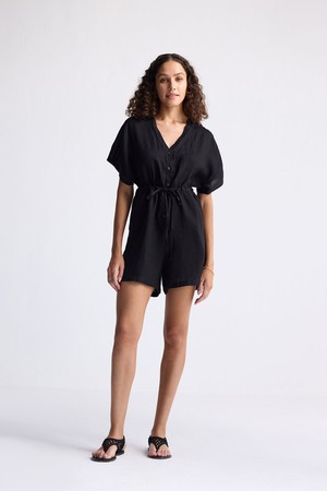 V neck Drawstring Romper in Black from Reistor