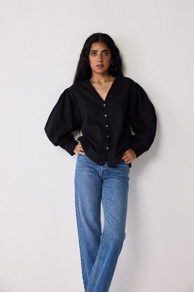 Embroidered Shirt with Long Balloon Sleeves in Black from Reistor