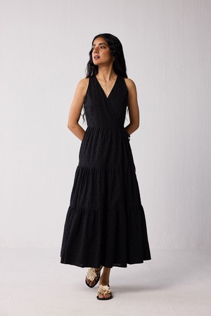 Sleeveless Embroidered Wrap Dress with Tiers in Black from Reistor