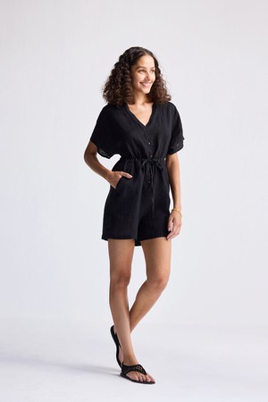 V neck Drawstring Romper in Black from Reistor