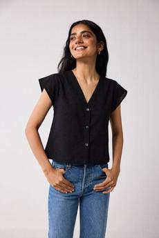 V-Neck Embroidered Top with Front Buttons in Black via Reistor