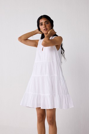 Embroidered Everyday Sleeveless Short Tiered Dress in White from Reistor
