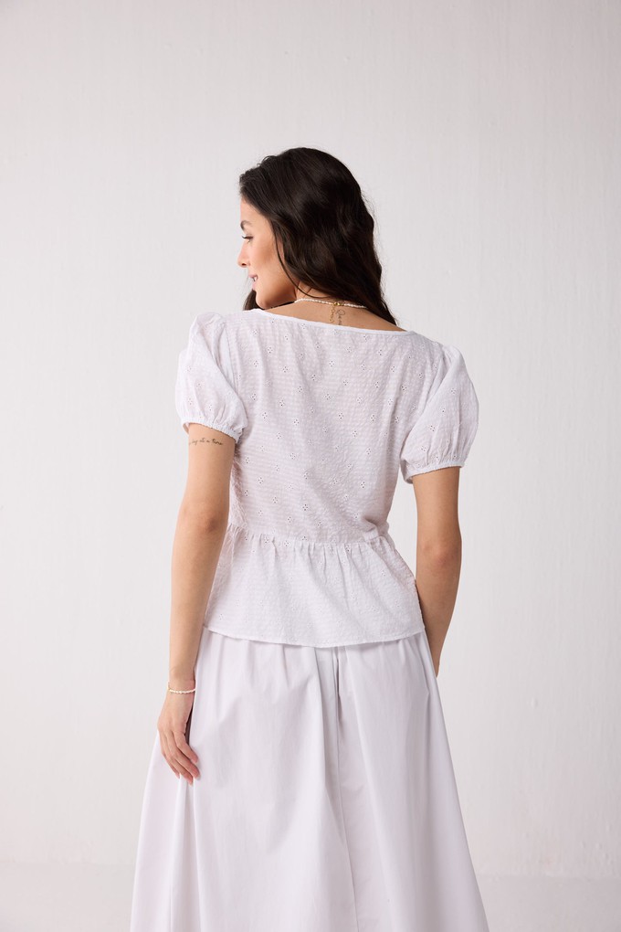 Embroidered Peplum Top with Puff Sleeves in White from Reistor