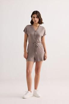 V-neck Drawstring Knit Romper in Earth Grey via Reistor