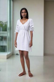 Gathered Elbow Sleeve Short Dress in Stripes via Reistor