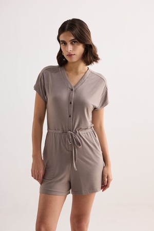 V-neck Drawstring Knit Romper in Earth Grey from Reistor