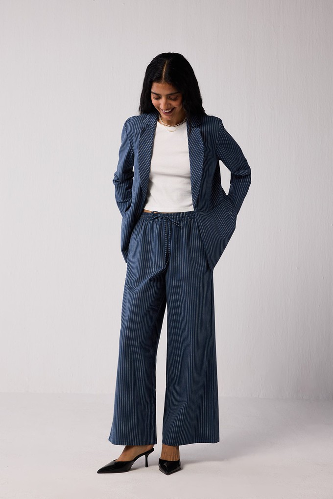 Weekday Blazer and Wide-leg Drawstring Pants Set in Blue Stripes from Reistor