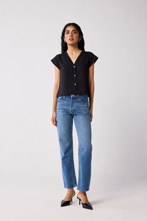 V-Neck Embroidered Top with Front Buttons in Black from Reistor