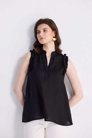 Sleeveless Hemp Top with Ruffles in Black from Reistor