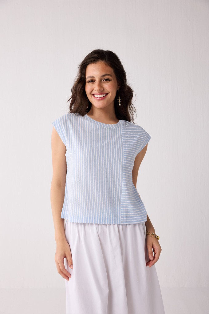 Button-Back Crew Neck Top in Blue Stripes from Reistor