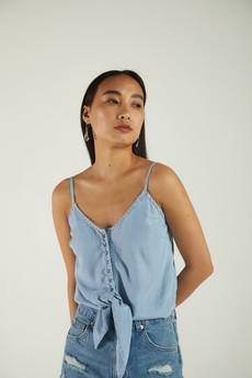 Pool Day Tan Lines Denim Top in Striped Denim via Reistor