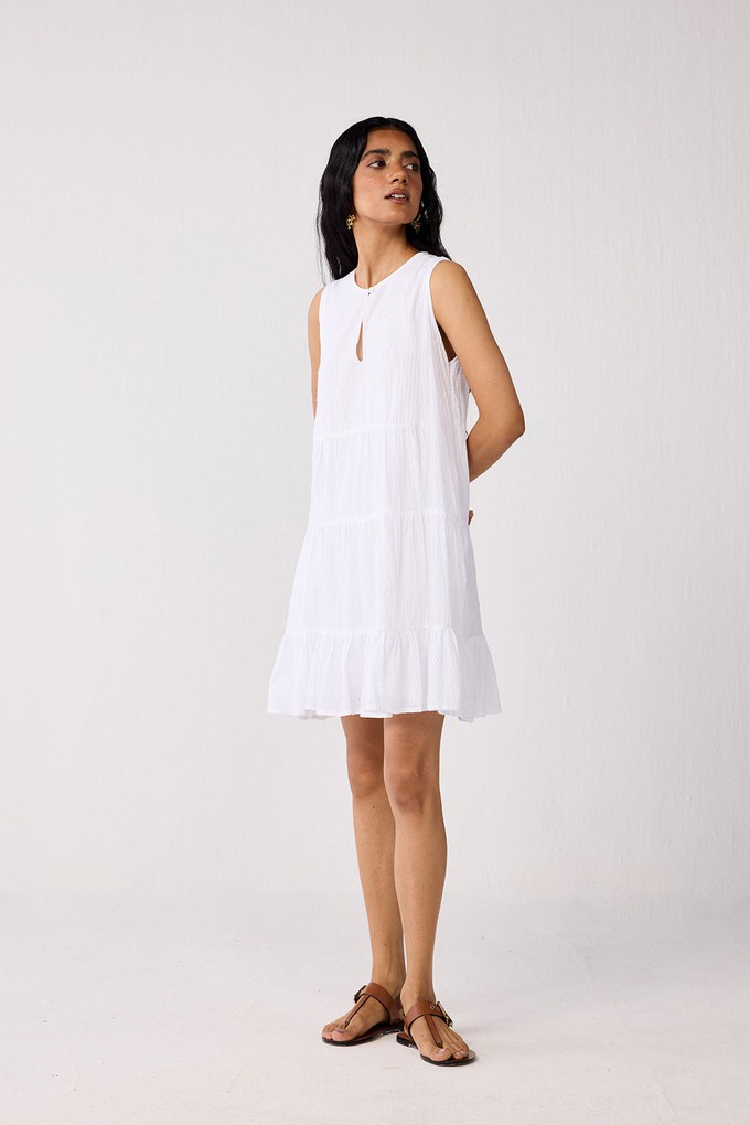 Embroidered Everyday Sleeveless Short Tiered Dress in White from Reistor