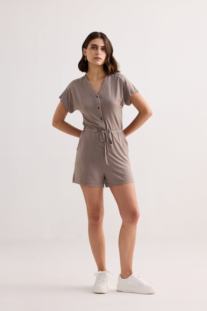 V-neck Drawstring Knit Romper in Earth Grey from Reistor