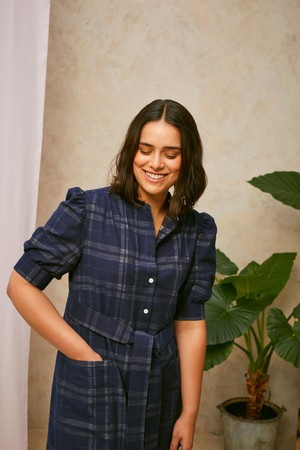 Rosa Puff Sleeve Shirtdress, Navy Check Deadstock Cotton from Saywood.