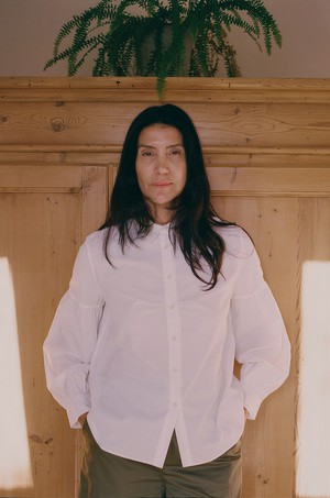Edi Volume Sleeve Shirt, White Cotton Bamboo from Saywood.