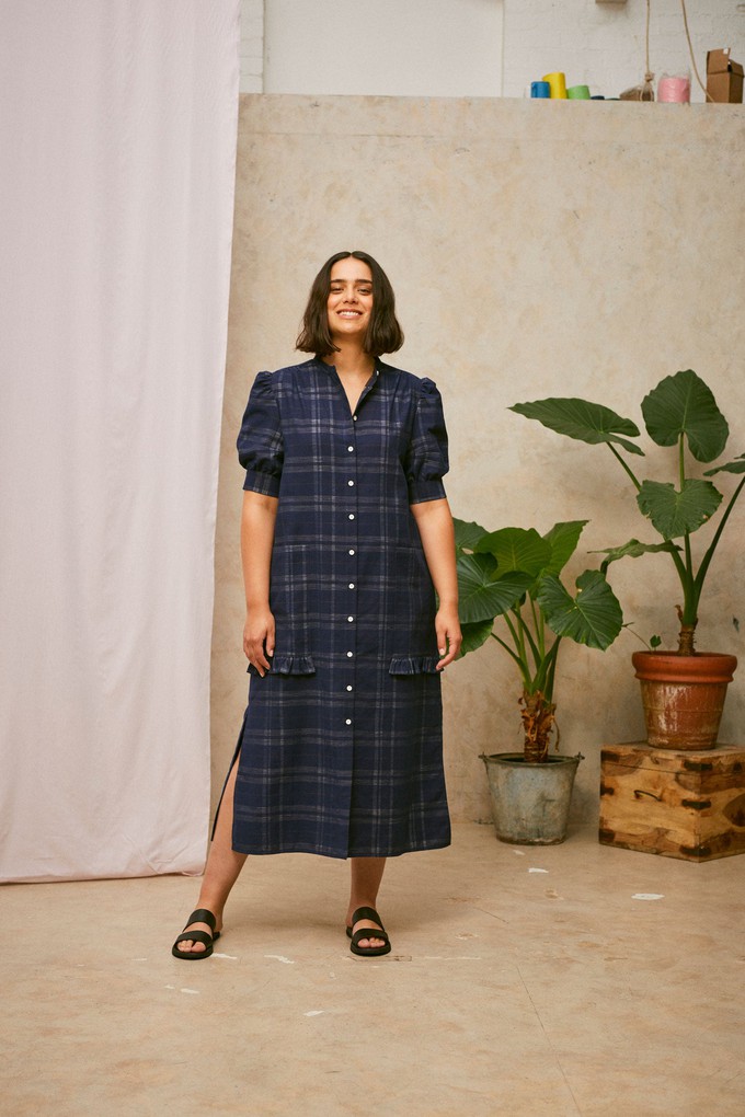 Rosa Puff Sleeve Shirtdress, Navy Check Deadstock Cotton from Saywood.