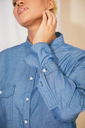 Zadie Boyfriend Shirt, Light Wash Japanese Denim from Saywood.