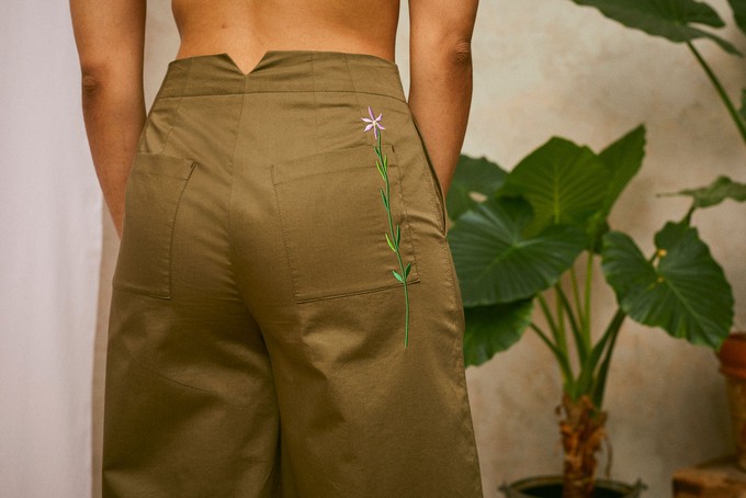 Amelia Wide Leg Culotte Trouser, Khaki Deadstock Cotton from Saywood.