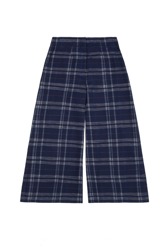 Amelia Wide Leg Culotte Trousers, Navy Check Deadstock Cotton from Saywood.