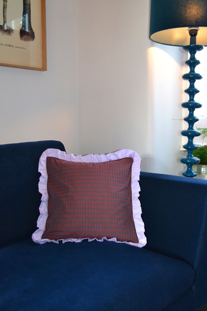 Ruffle Cushion, Zero Waste, Red Check / Lilac from Saywood.