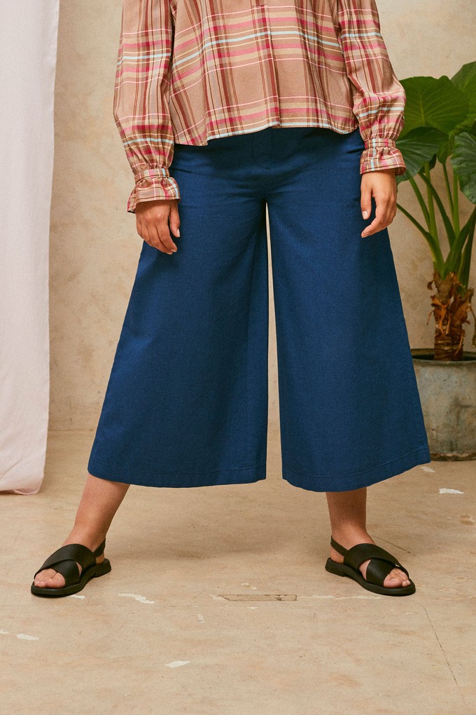 Amelia Wide Leg Culotte Trousers, Indigo Japanese Denim from Saywood.