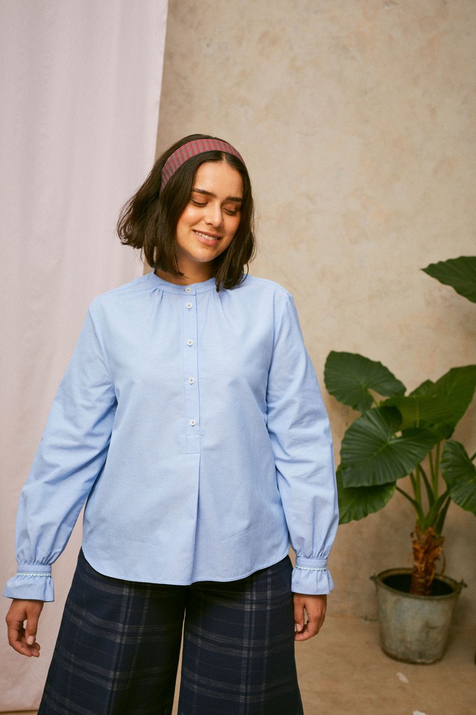 Marie A-Line Blouse With Gathered Neck, Blue Recycled Cotton from Saywood.