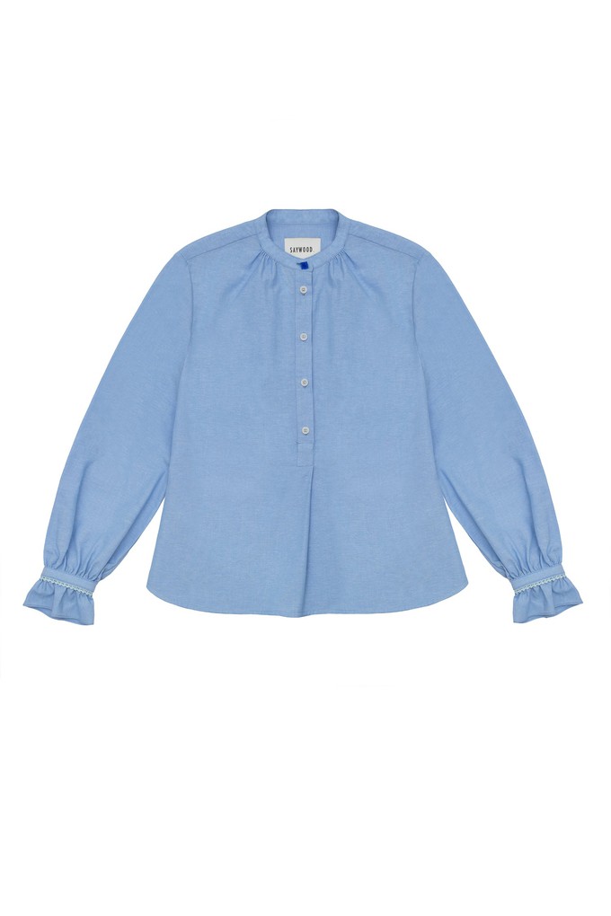 Marie A-Line Blouse With Gathered Neck, Blue Recycled Cotton from Saywood.