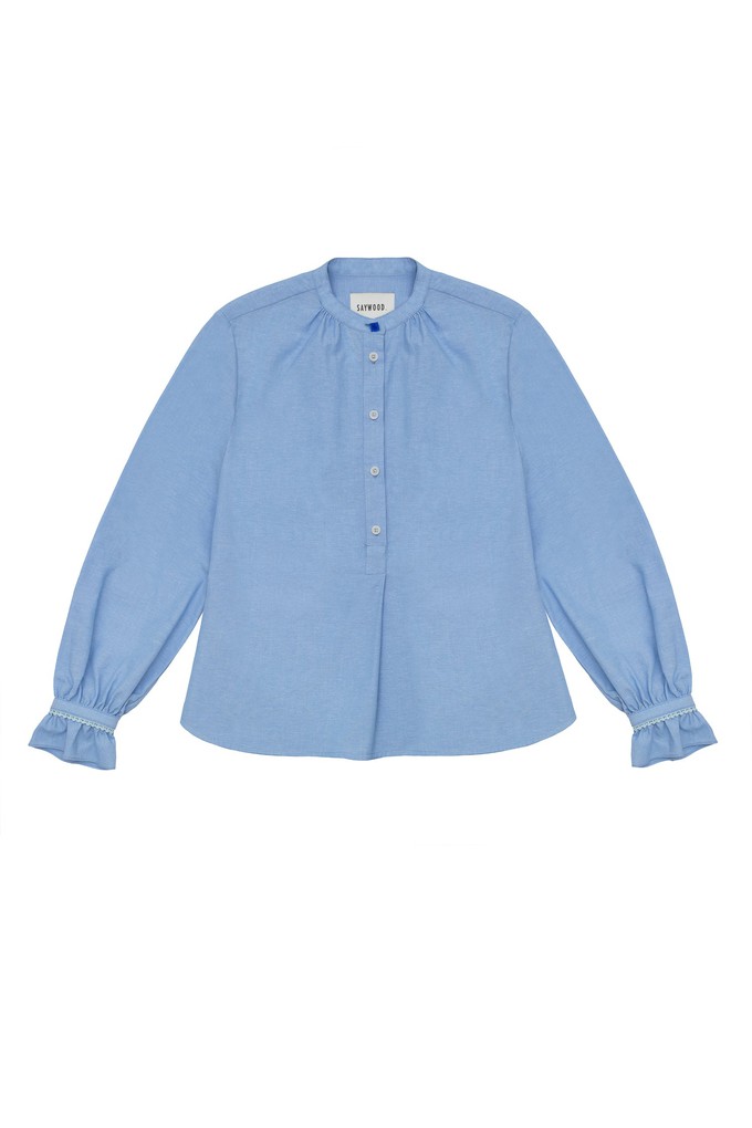 Marie A-Line Blouse With Gathered Neck, Blue Recycled Cotton from Saywood.