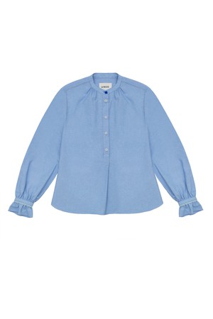 Marie A-Line Blouse With Gathered Neck, Blue Recycled Cotton from Saywood.