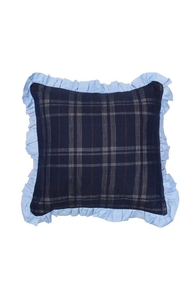 Ruffle Cushion, Zero Waste, Navy Check/ Pale Blue from Saywood.